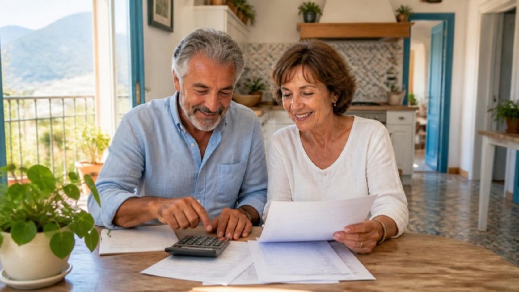 Pareja mayor de 65 años revisando en casa los documentos de su hipoteca