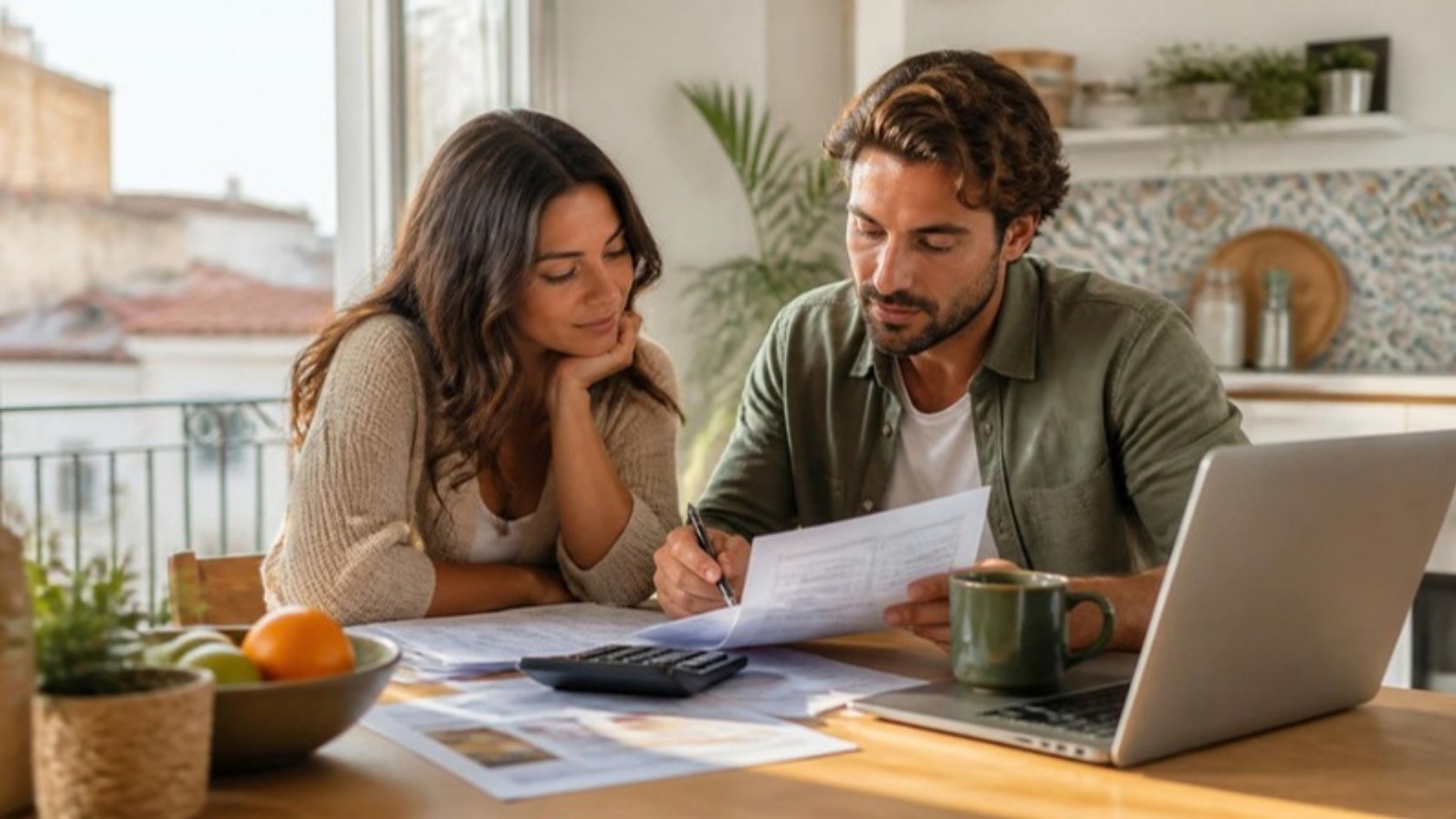 Pareja revisando en casa los papeles de la novación hipotecaria con su banco