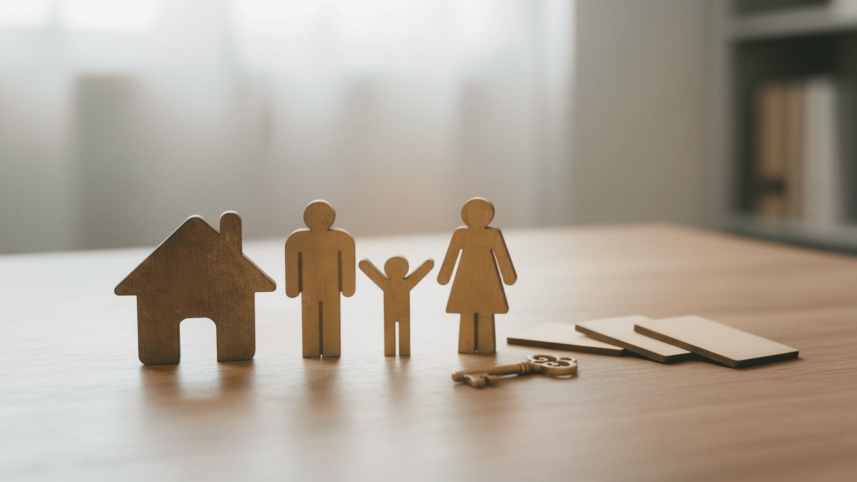 Cambiar hipoteca fija a variable: figuras de madera de una familia junto a una casa y una llave sobre la mesa
