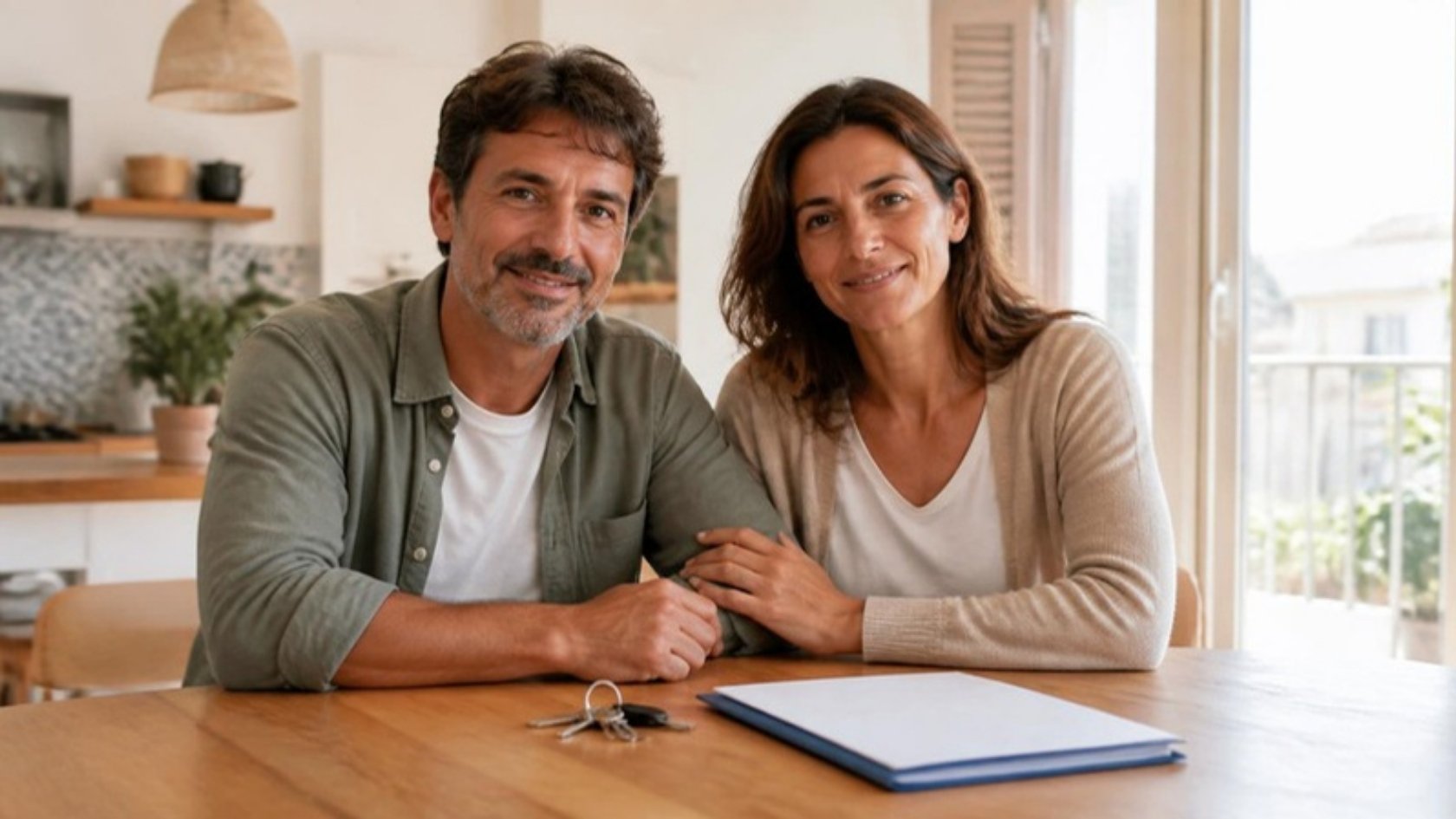Cancelar hipoteca: pareja en su casa con las llaves y la documentación de la hipoteca sobre la mesa