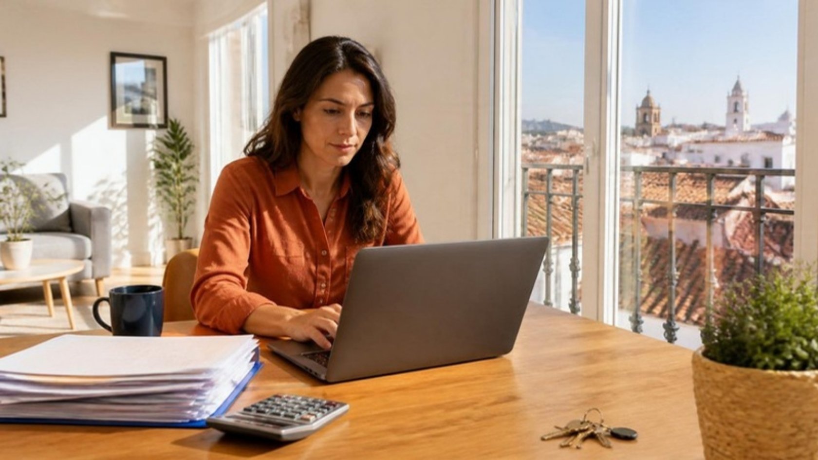 Trabajadora autónoma revisa en casa su documentación para pedir una hipoteca para autónomos