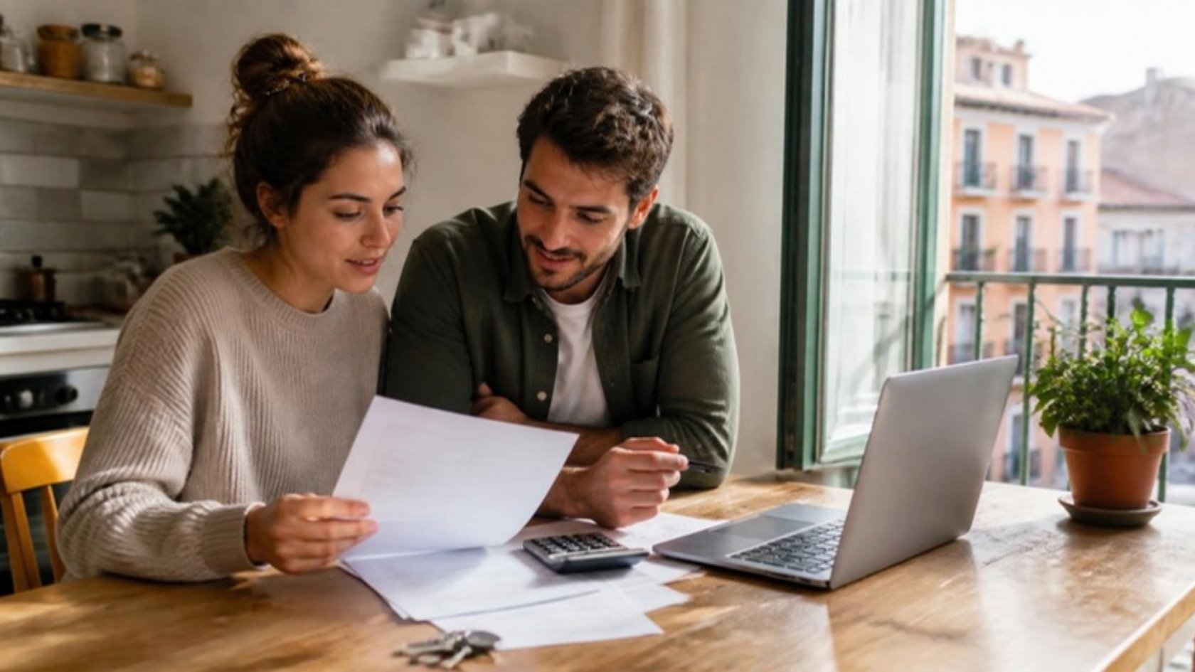 Pareja revisando sus ingresos y deudas en casa para calcular el ratio de endeudamiento de la hipoteca
