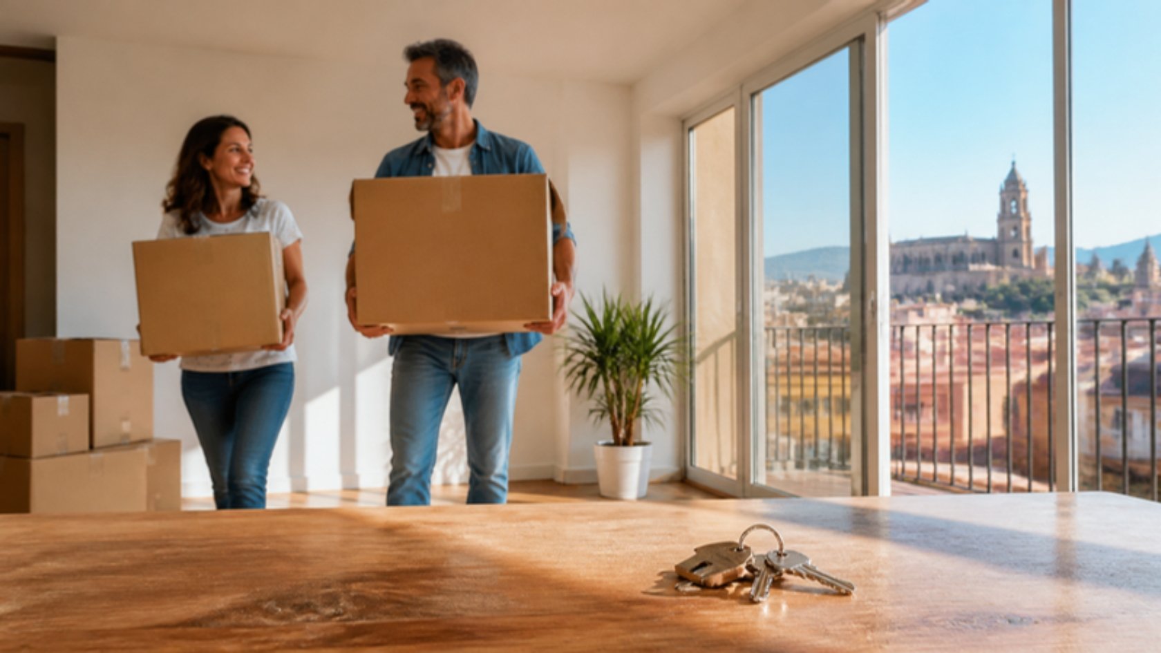 Trasladar la hipoteca a otra vivienda: pareja entrando con cajas de mudanza en su nuevo piso